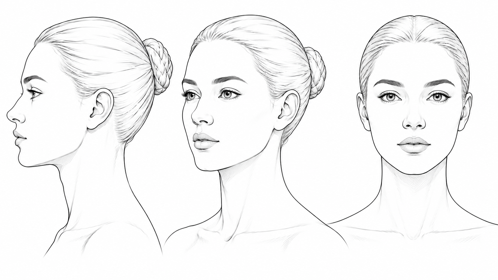 Diagramas faciais — perfil, três-quartos e frente